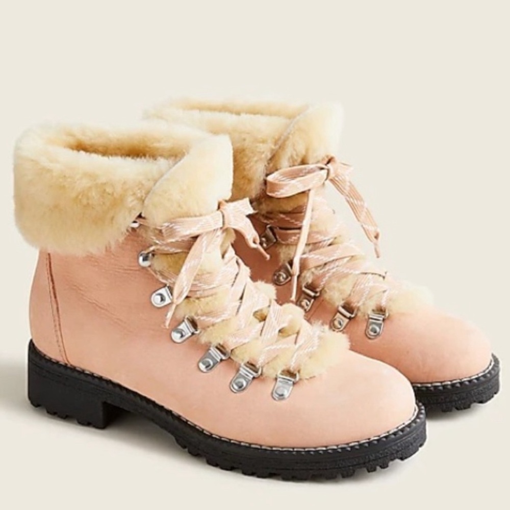 J Crew Nordic Snow Winter Boot NWT 8 8.5 Bronzed Clay Pink Leather Shearling
